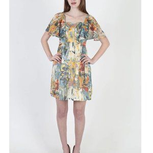 Genuine 1970s Watercolor, Flutter-sleeve, Mini-dress in Teal & Orange
